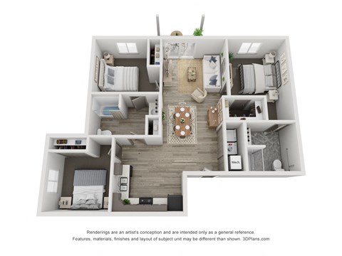 Floor plan for 3 beds, 2 baths, 1154 sqft